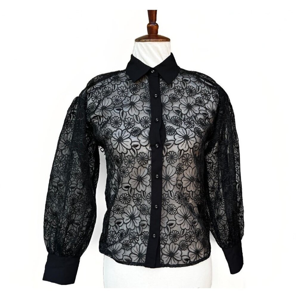 J.O.A Women’s Black Mesh Floral Sheer Collared Evening Jacket XS NWOT